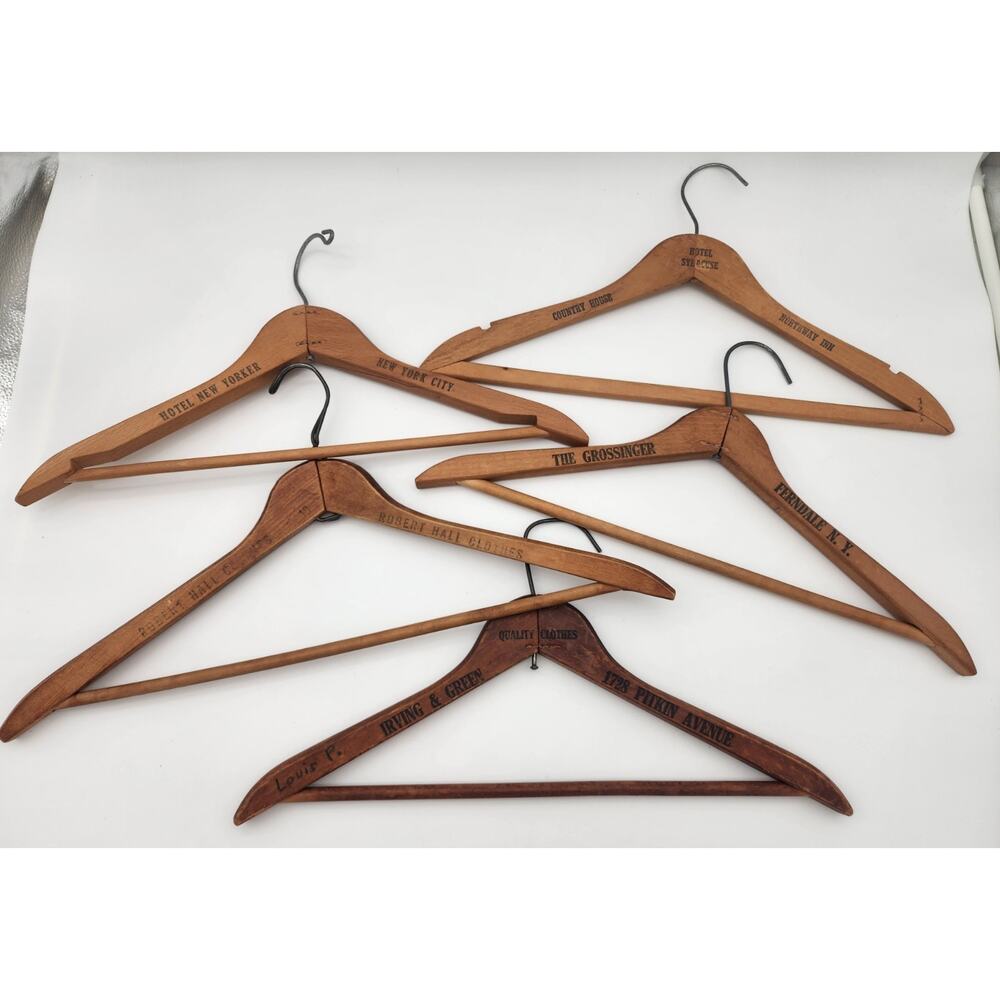 Vtg Lot of 5 Wood Coat Hangers Hotel Dept Store Advertising Syracuse New Yorker